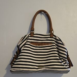 Madden Girl Striped Black and White Tote Bag with Tan Accents‎